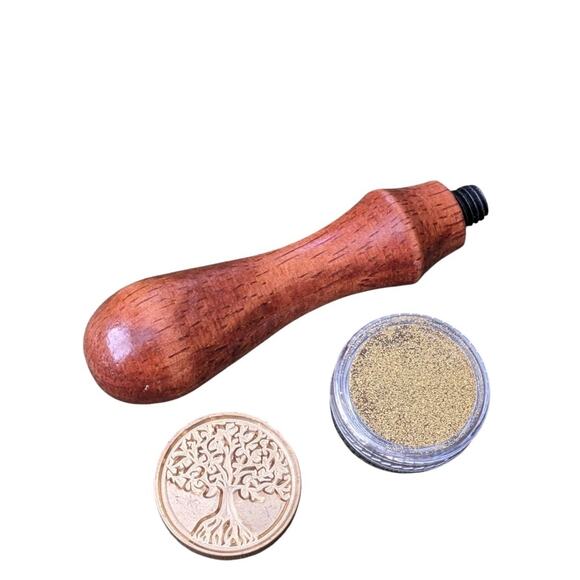 Tree of Life Brass Wax Stamp Wooden Handle Gold Glitter Seal Envelopes 3pc Set - Picture 1 of 7